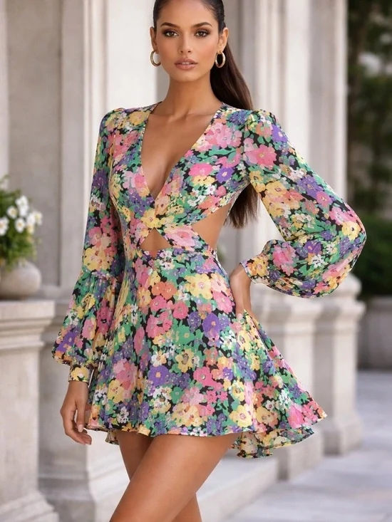 AFRM Floral Cut-Out Mini Dress Open Back Long Sleeve Size S Spring Summer - Picture 1 of 13